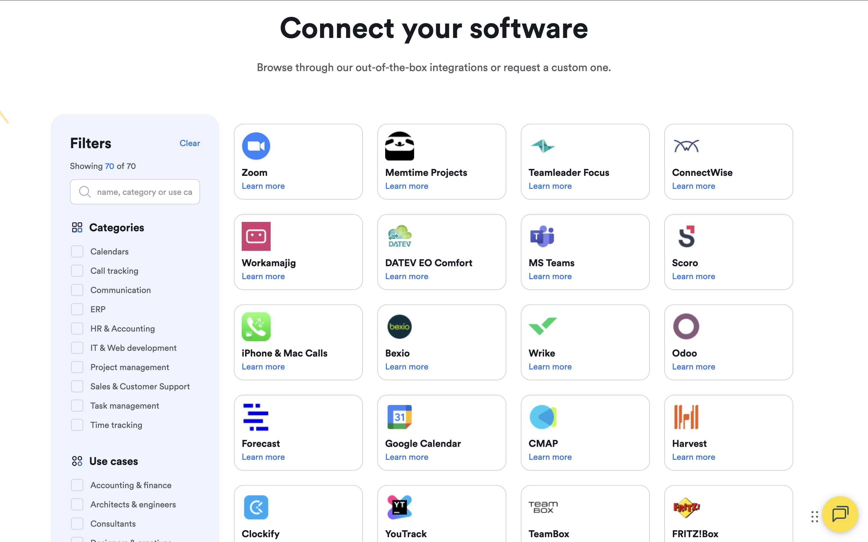 Memtime Discover Apps page showing 100+ native integrations