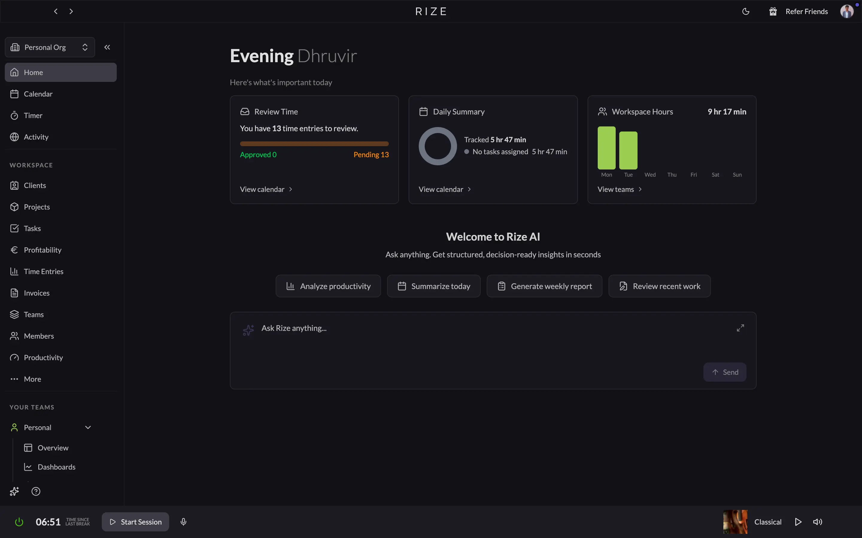 Rize's dashboard showing a morning summary of hours tracked and an AI assistant box