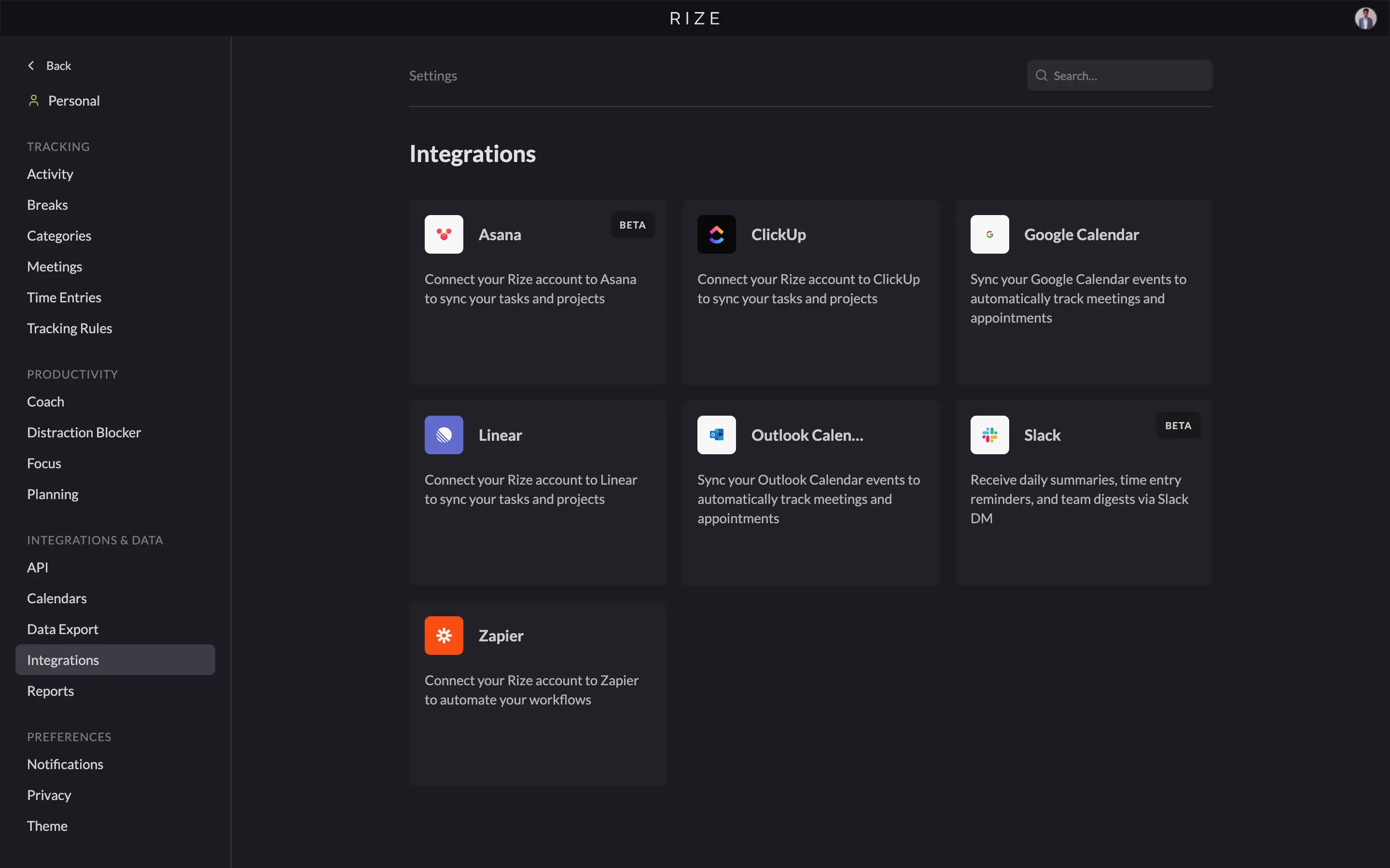 Rize Integrations settings screen showing native connections