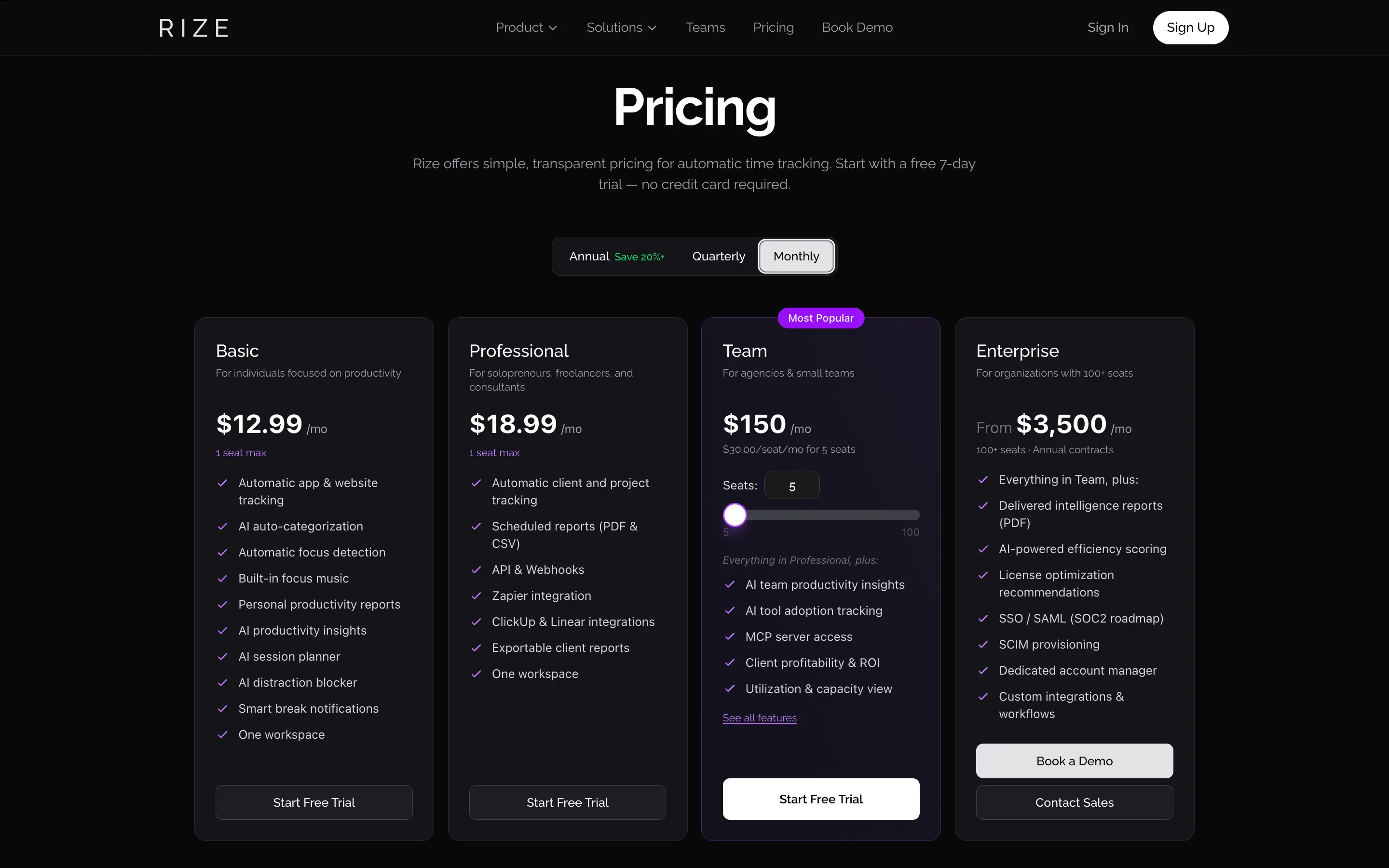 Rize pricing page showing Basic, Professional, and Team plans