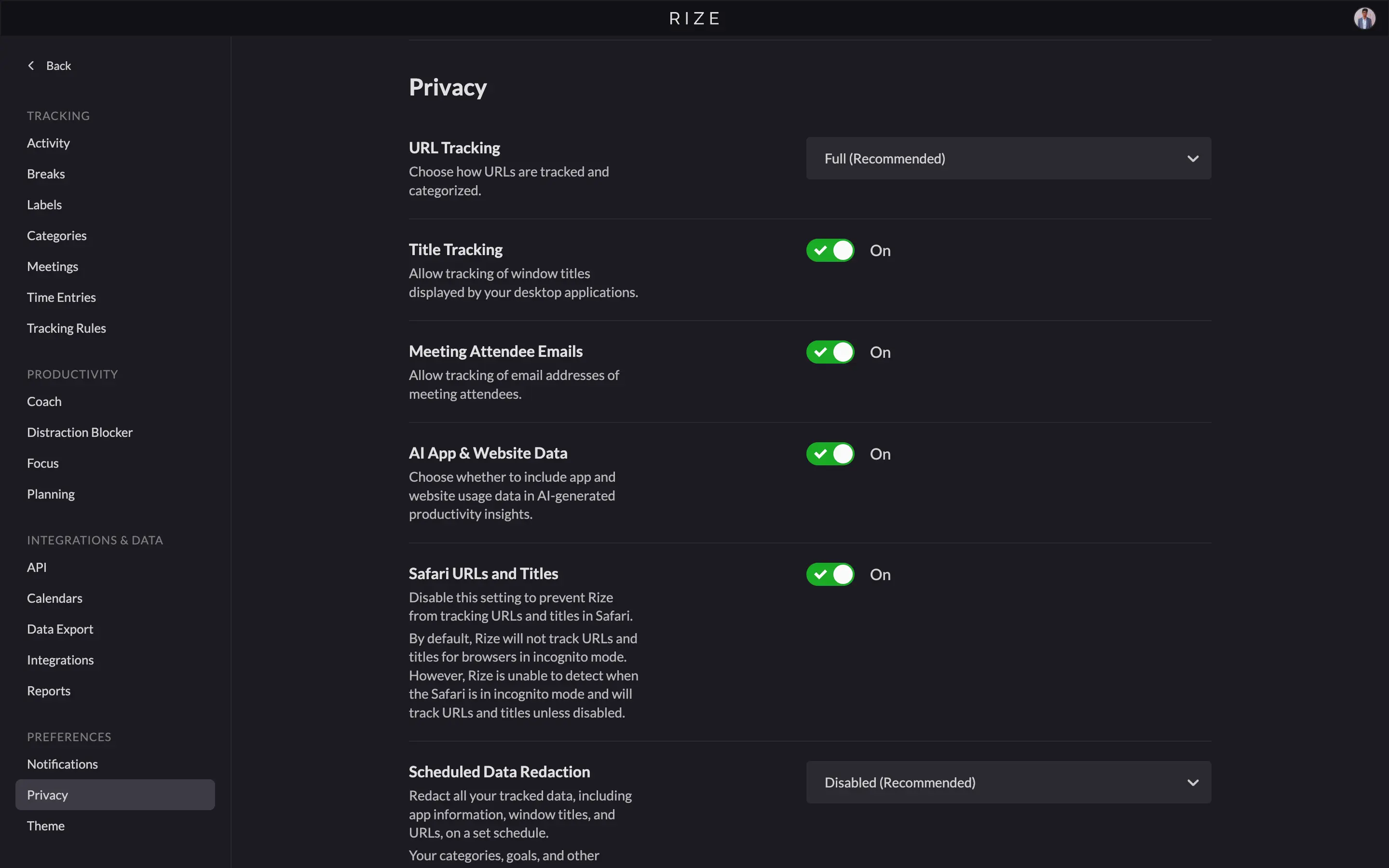 Rize's Privacy settings showing URL tracking, title tracking, and redact data controls