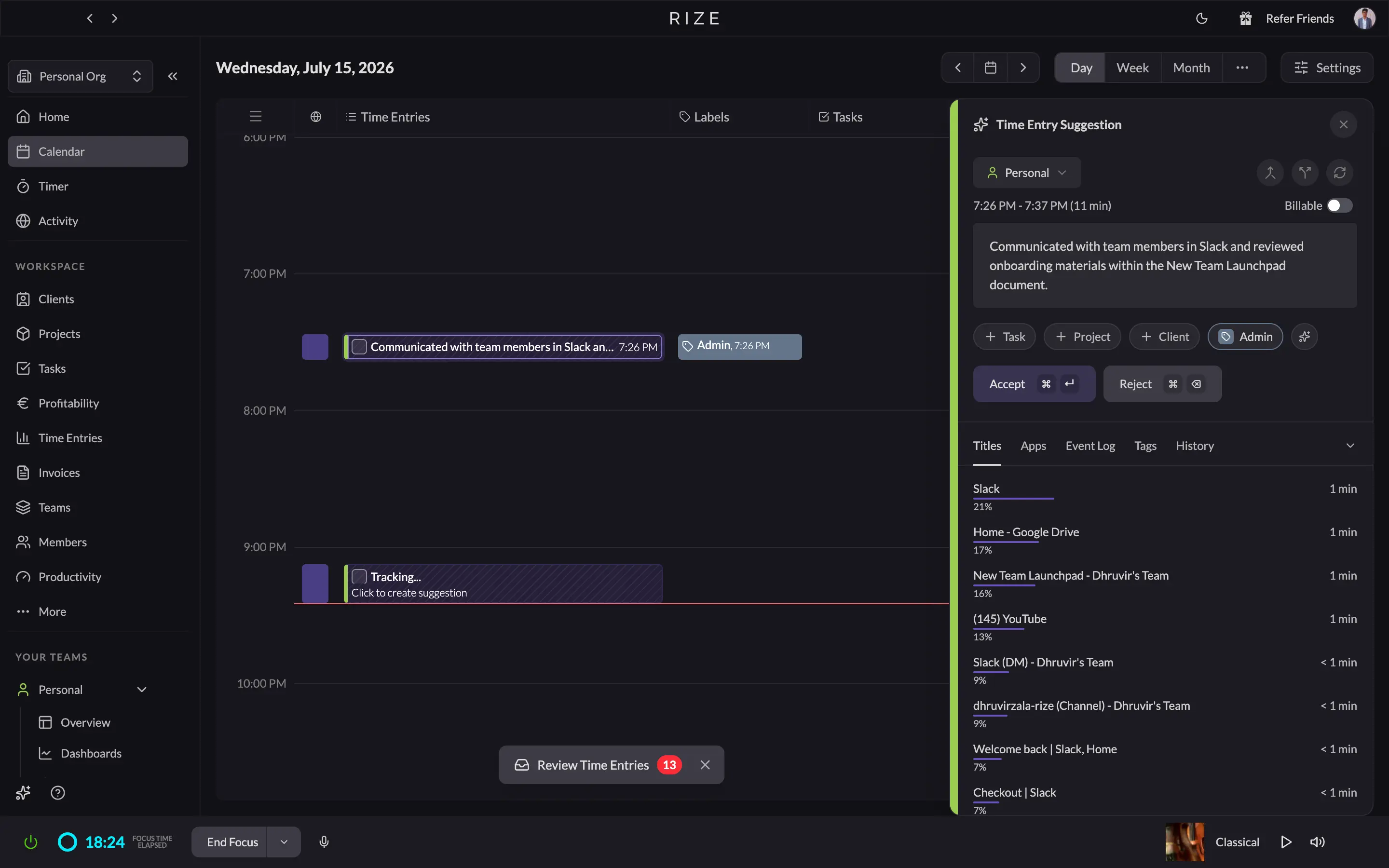 Rize's time entry suggestion panel showing apps, an AI description, a suggested project, and a confidence score