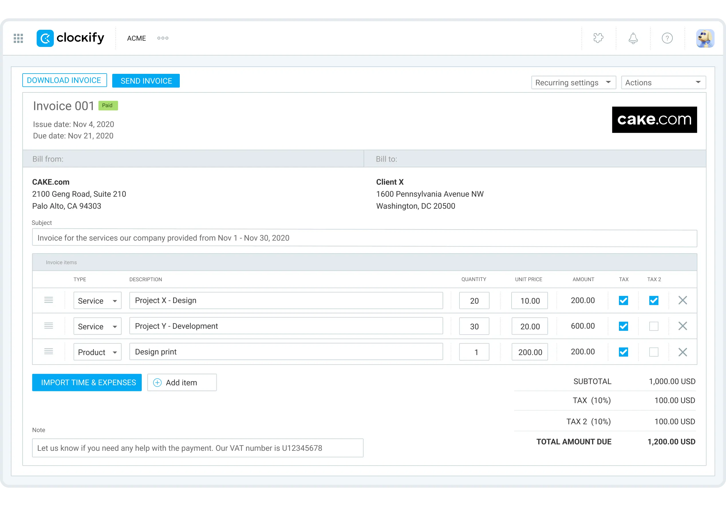 Clockify invoicing interface showing recurring invoice and expense configuration
