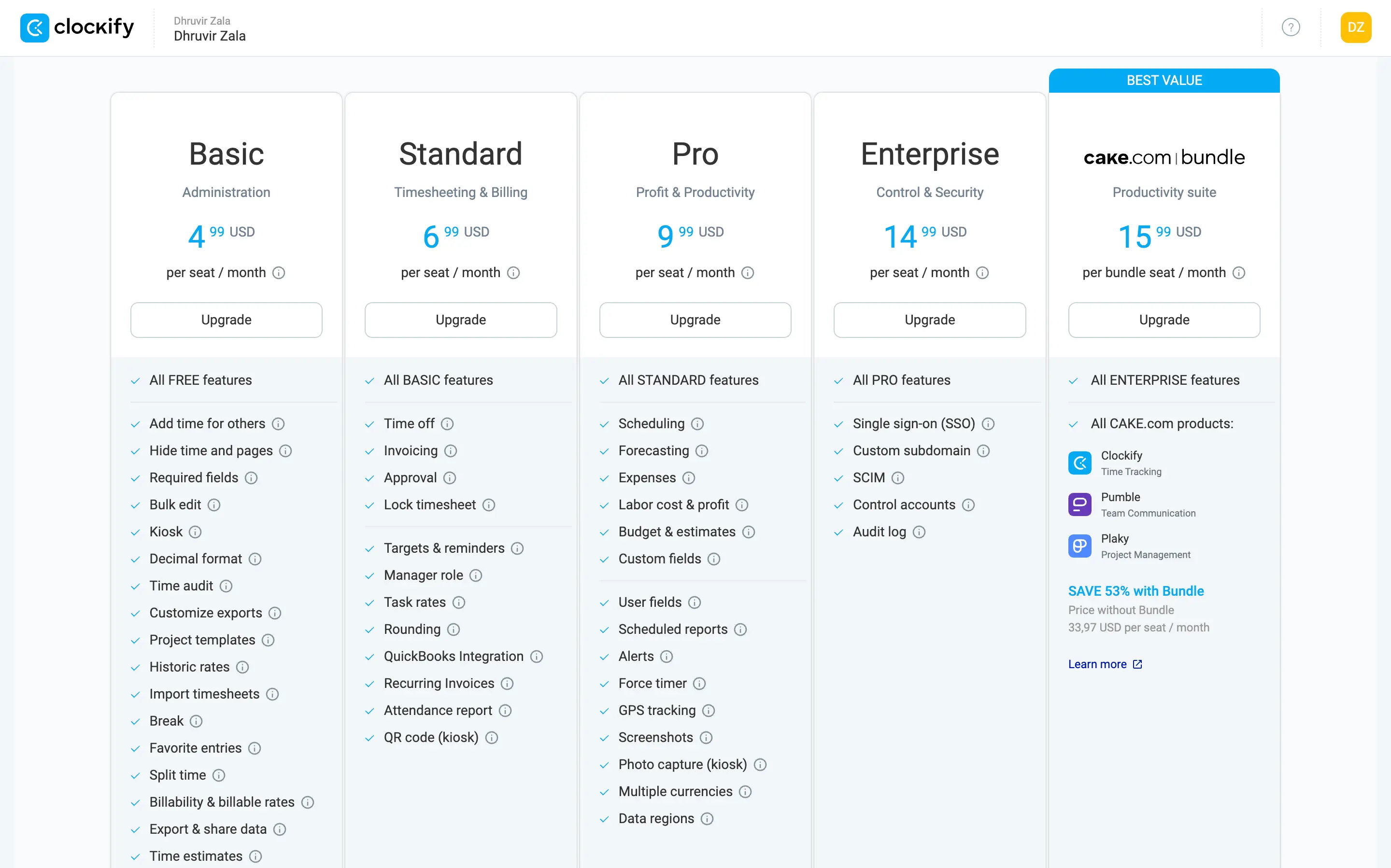 Clockify pricing page showing free and paid plan options