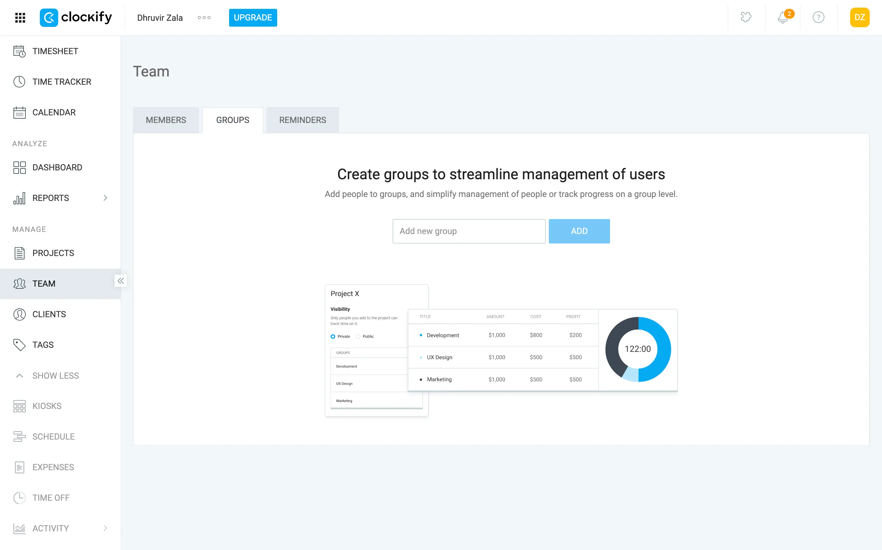 Clockify team management interface showing admin controls and timesheet approvals