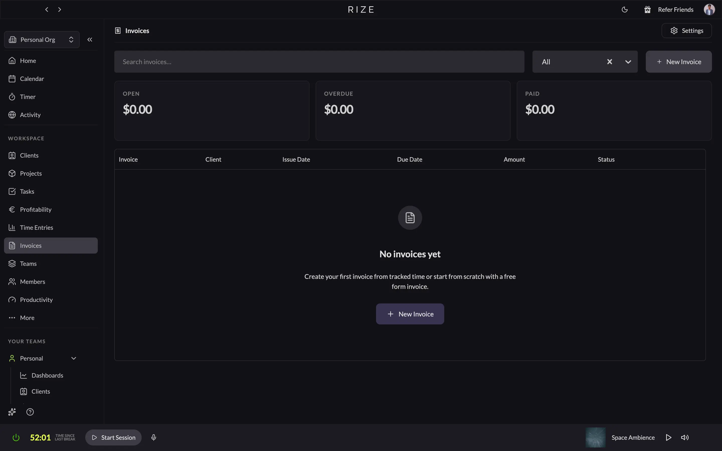 Rize invoicing screen showing auto-populated billable hours and invoice line items