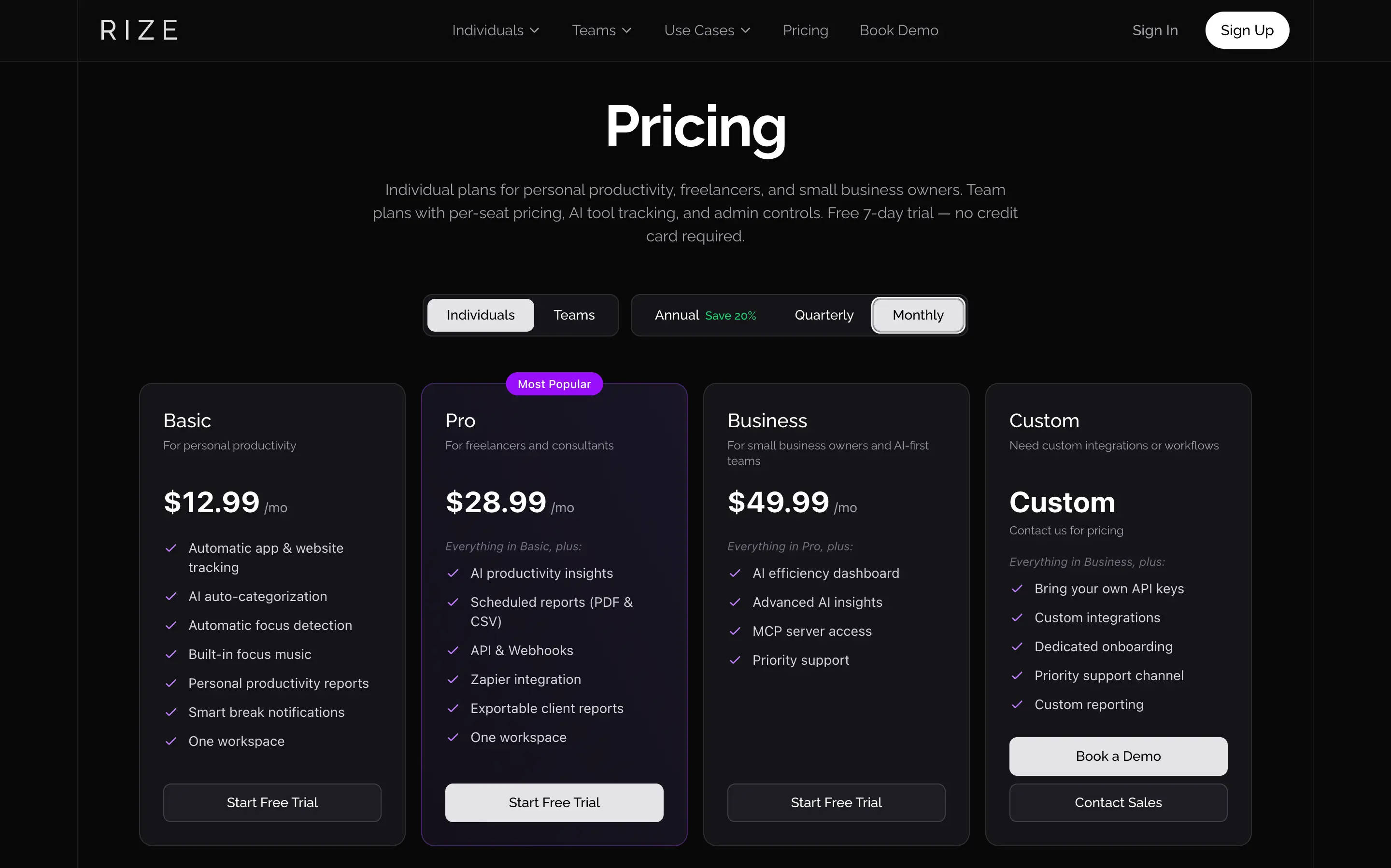 Rize pricing page showing individual plan options and features