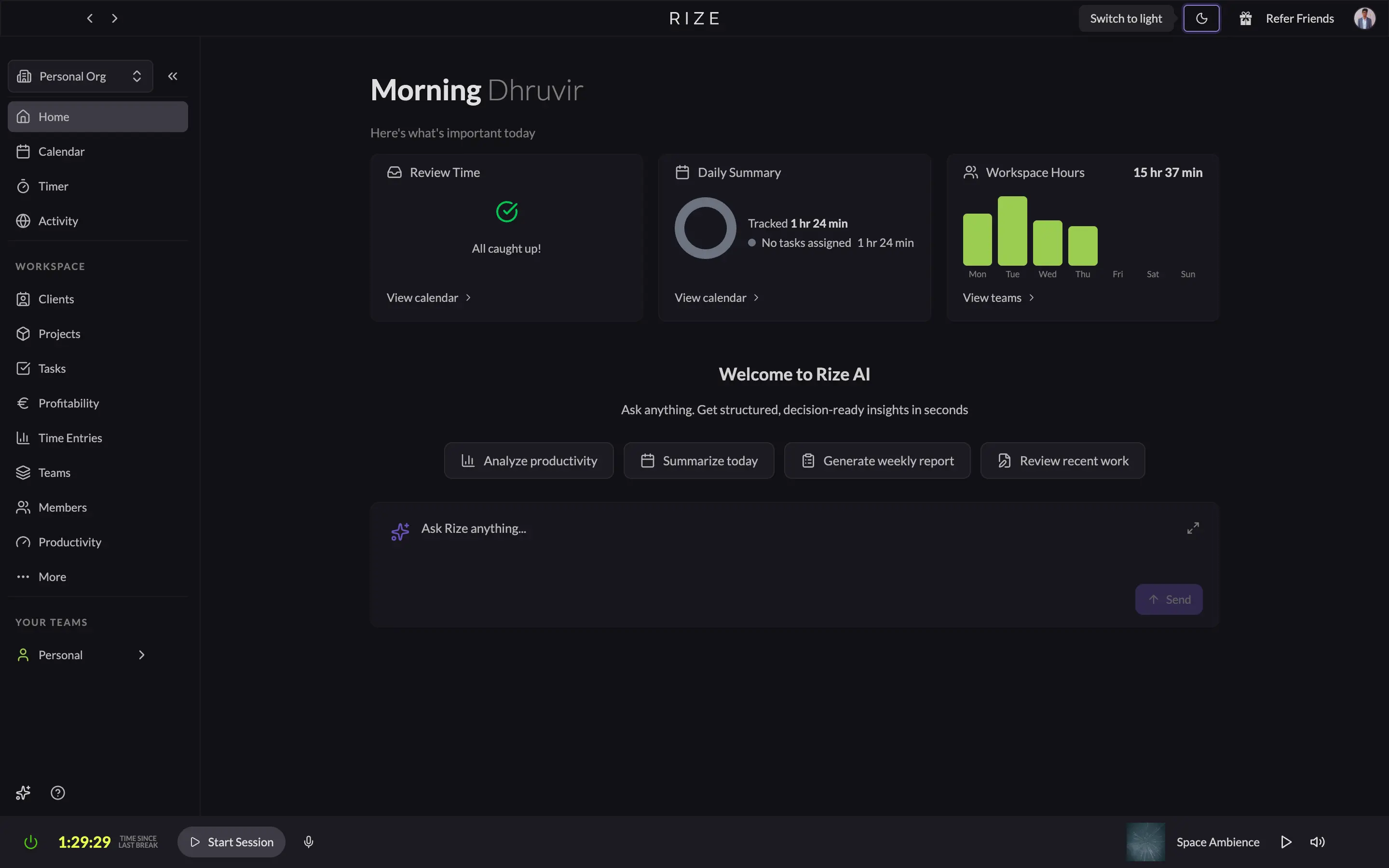 Rize desktop app showing automatic time tracking with AI-generated time entries