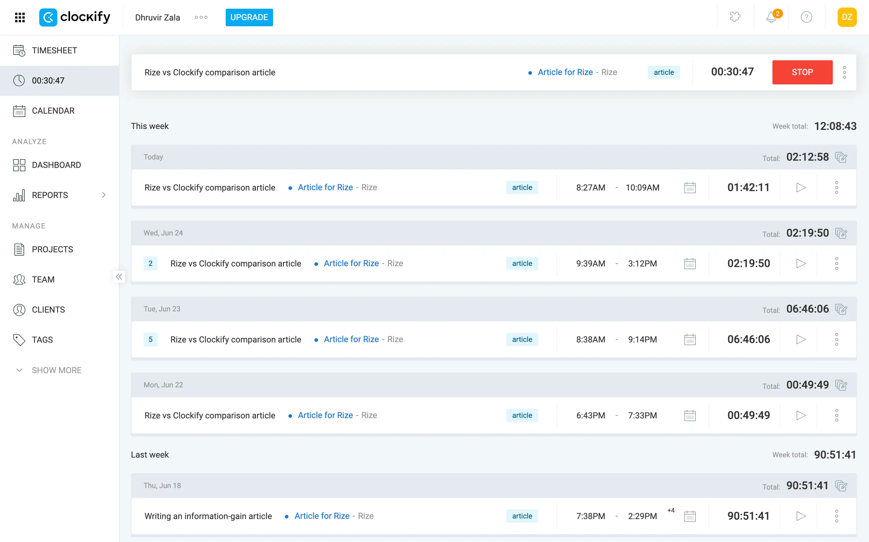 Clockify auto tracker showing app activity that requires manual conversion to time entries