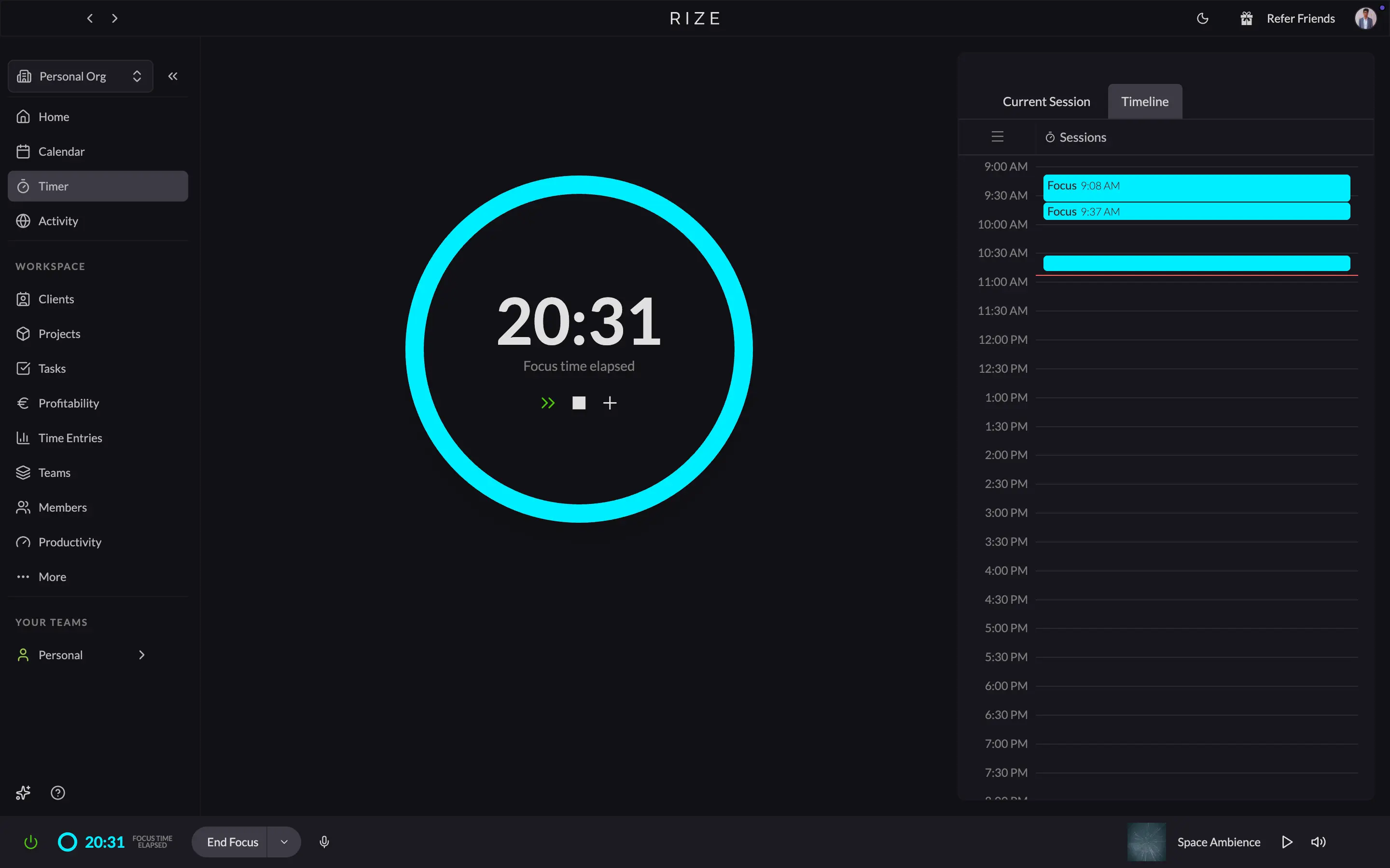 Rize timeline showing automatically tracked and categorized work sessions