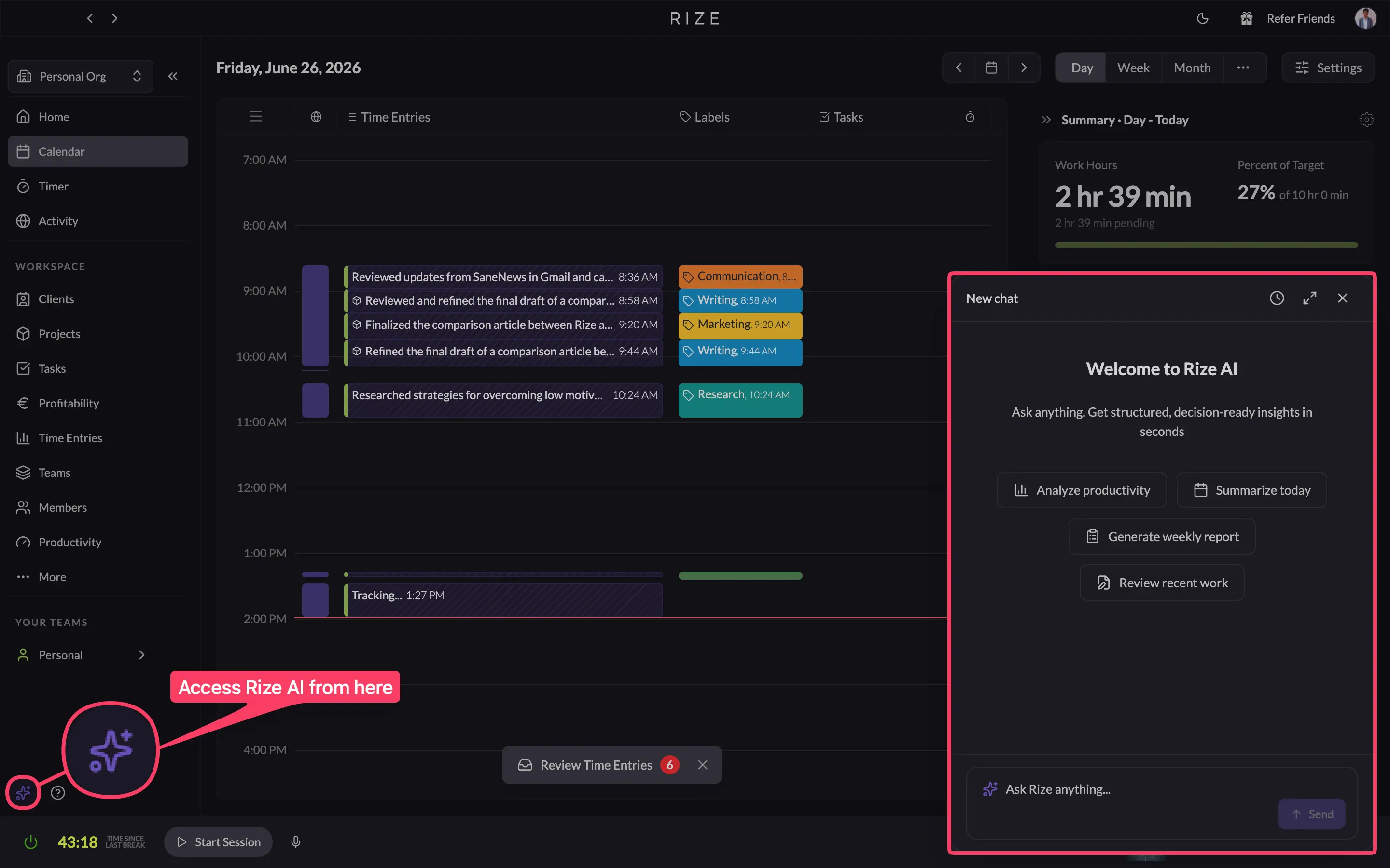 Rize AI chat assistant answering a question about productivity data