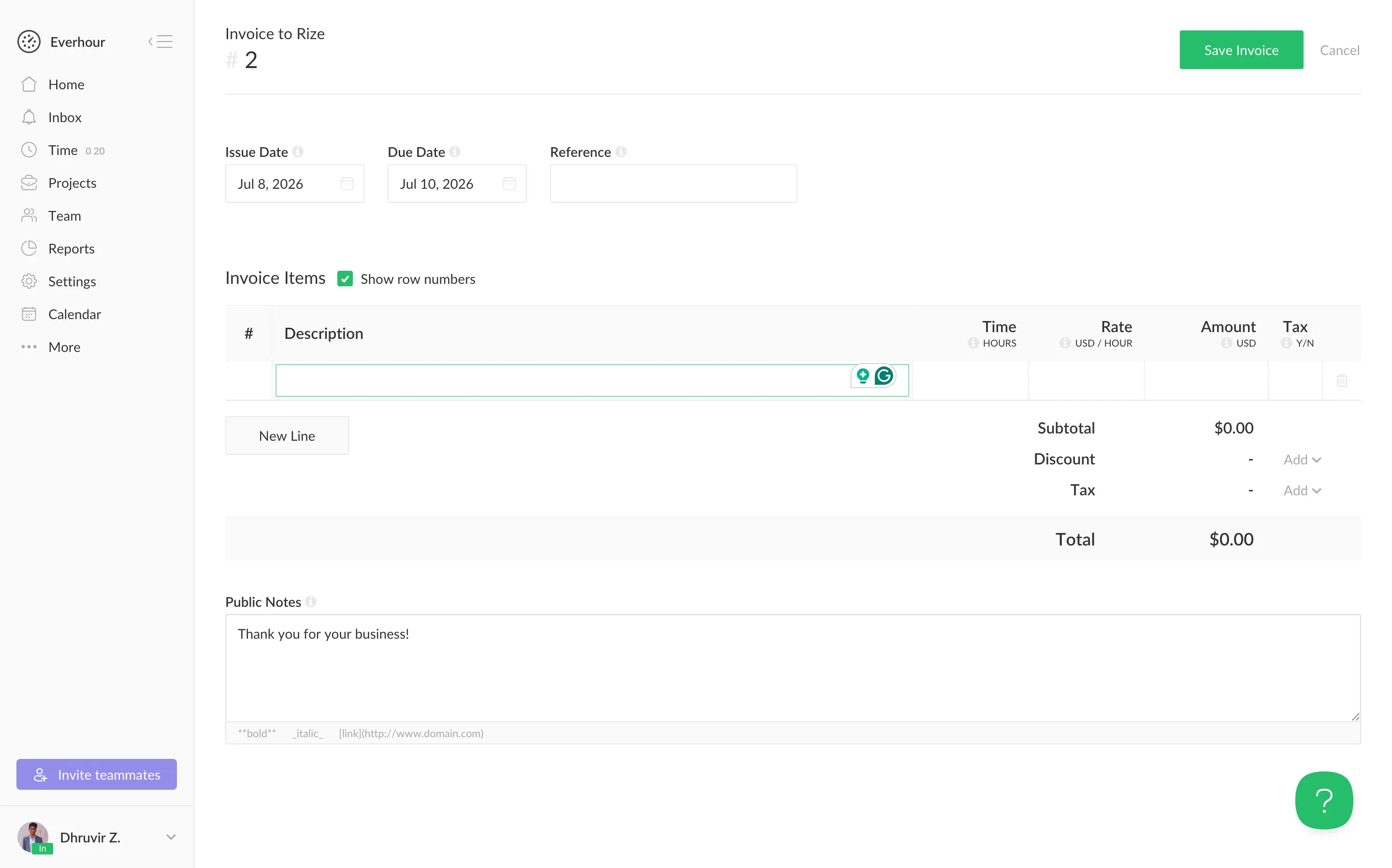 Everhour's invoice editor with line items, tax, discount, and public notes fields