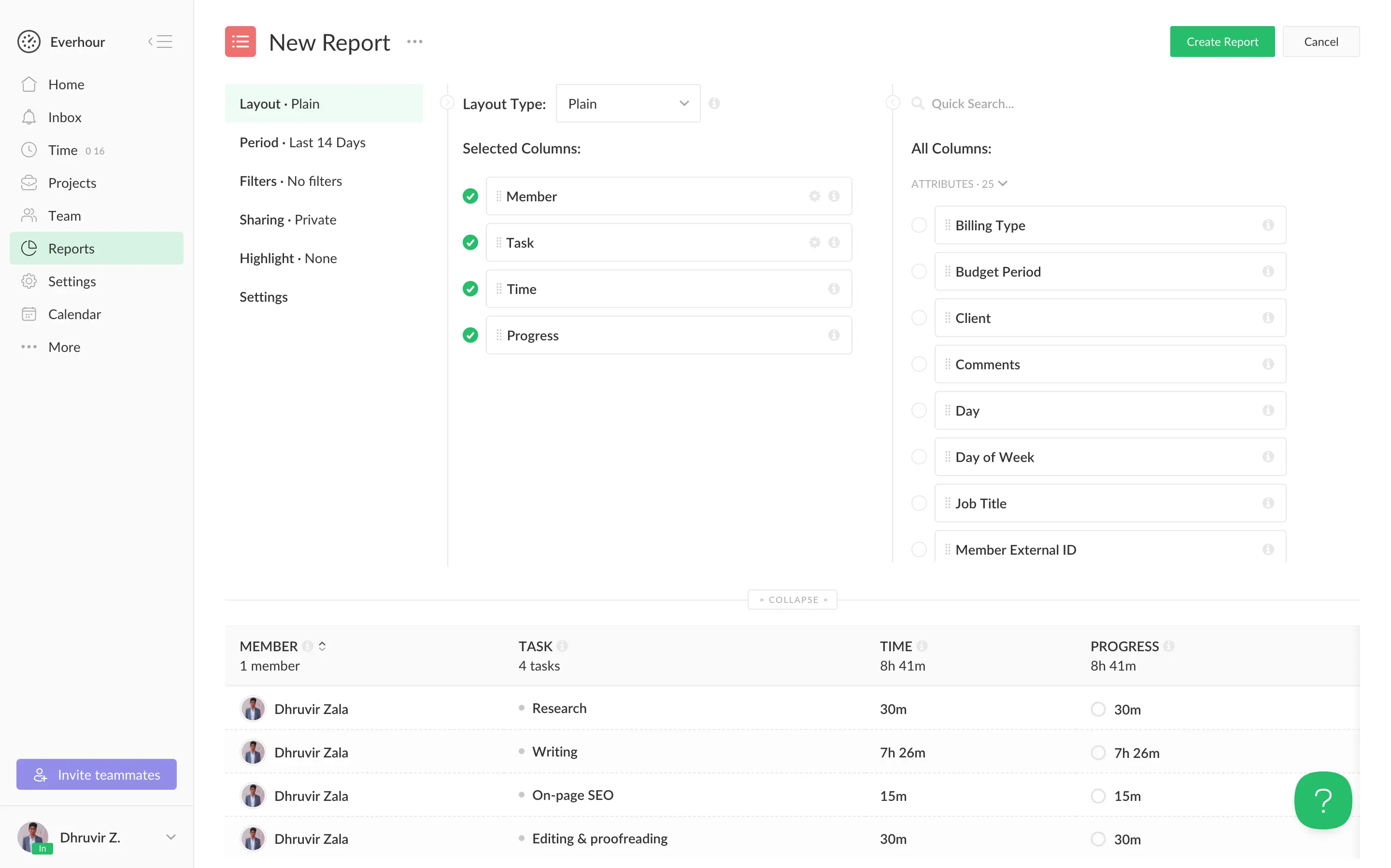 Everhour's custom report builder with selected columns and a preview of tracked task time