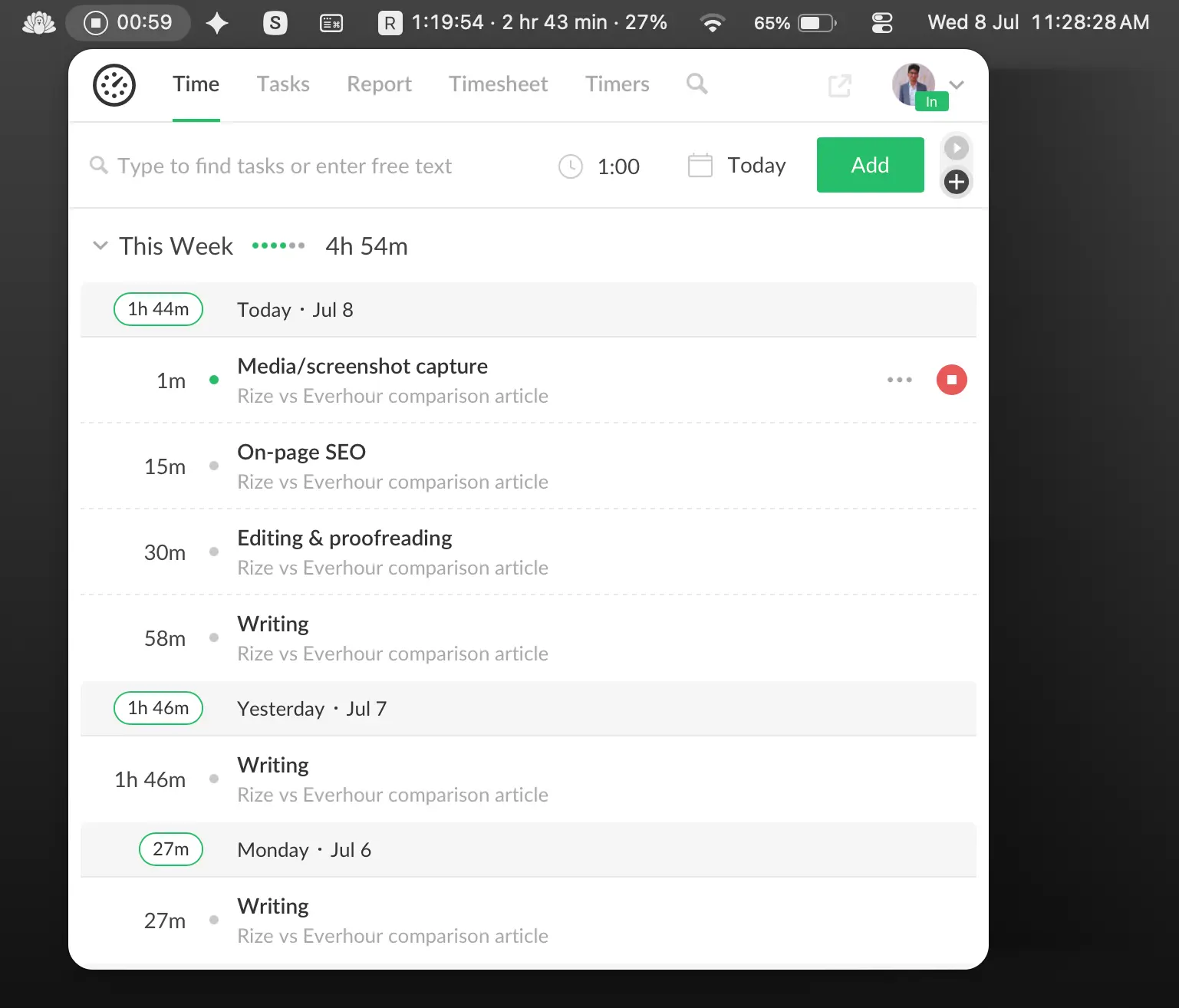 Everhour's time view showing a week of manually tracked entries for an article project