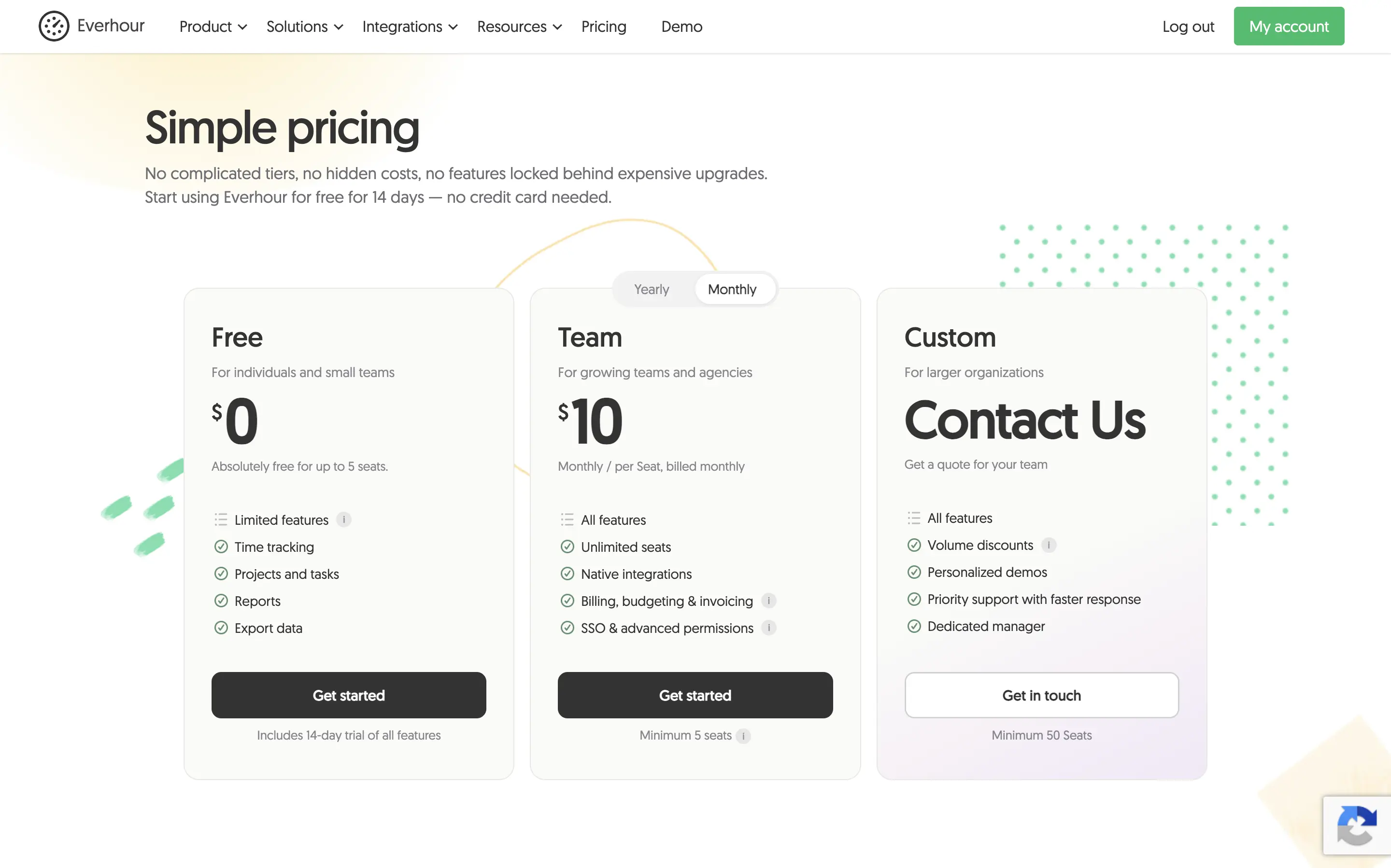 Everhour's pricing page with Free, Team, and Custom plans