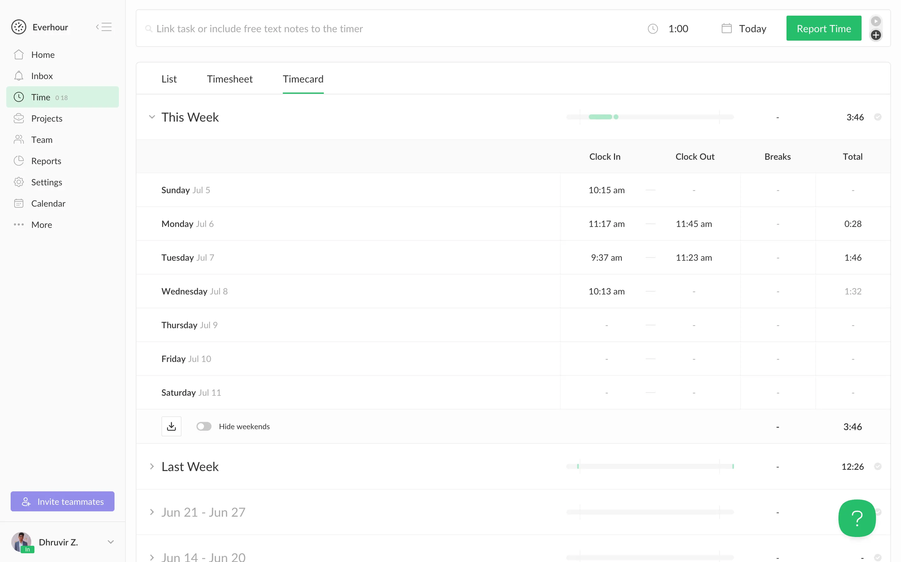 Everhour's Timecard view with clock-in, clock-out, breaks, and totals for each day of the week