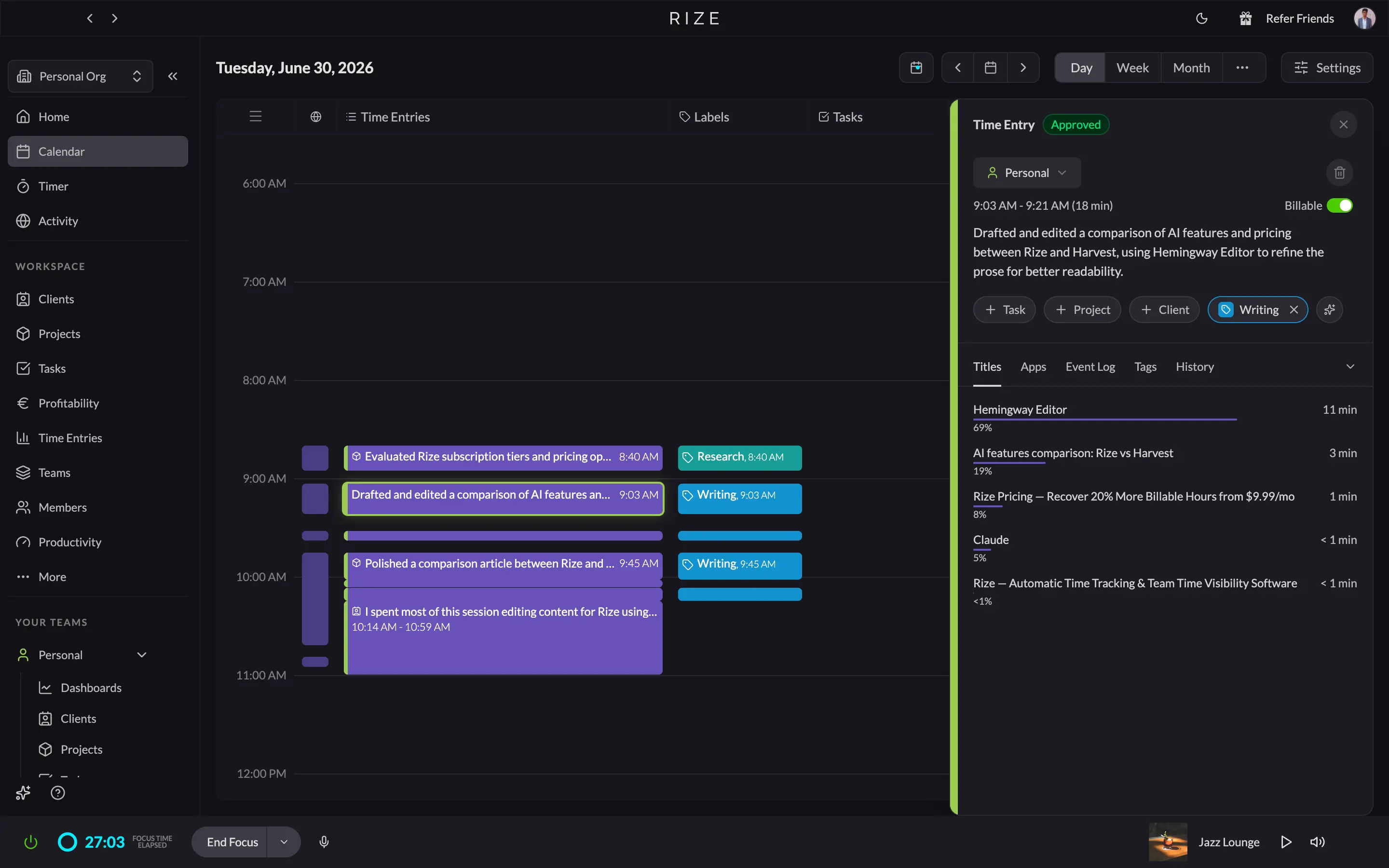 Rize's calendar view with an automatic time entry showing AI-written description, app titles, and tags