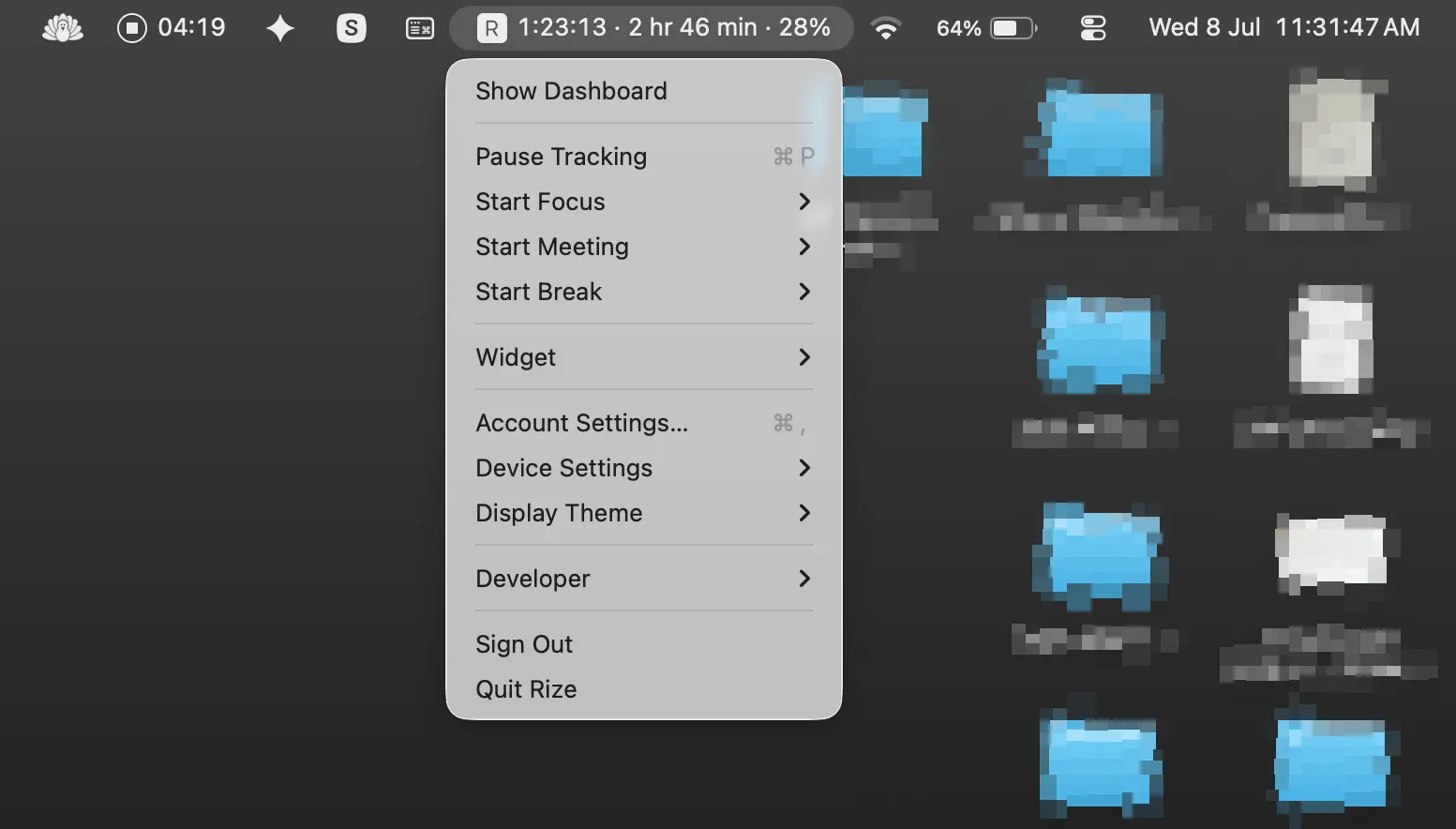Rize's menu bar app on Mac with tracking controls that run in the background
