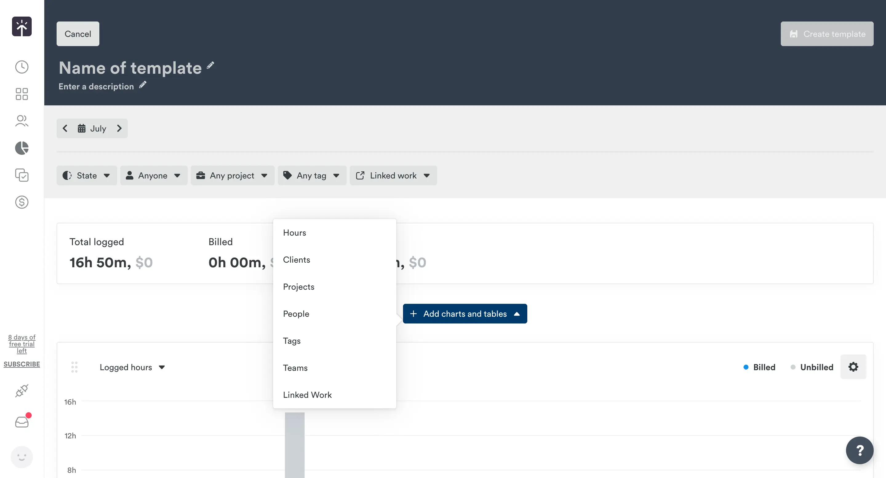 Timely's custom report builder showing template options for hours, clients, and projects