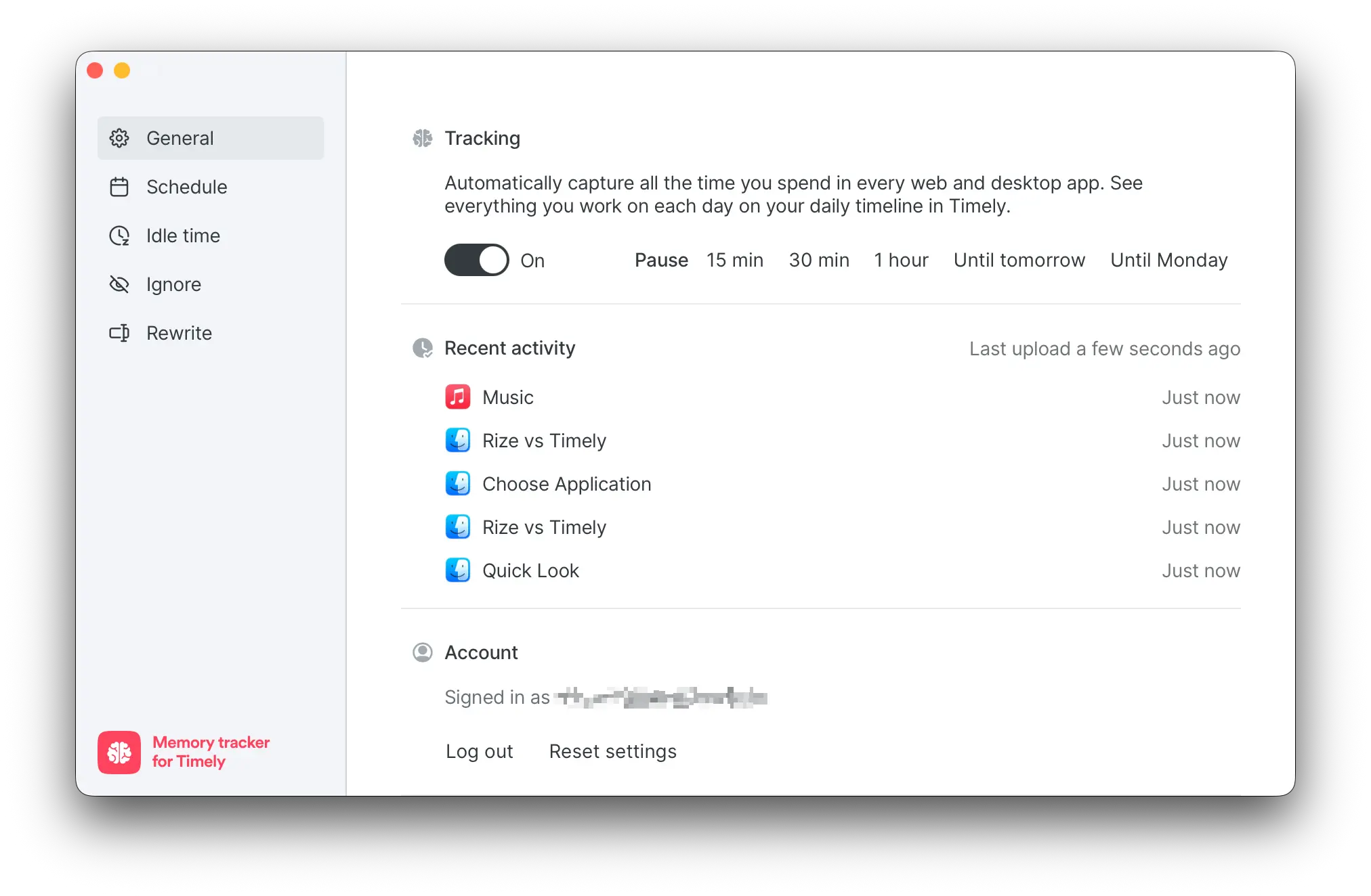 Timely's Memory desktop app showing background activity tracking toggle