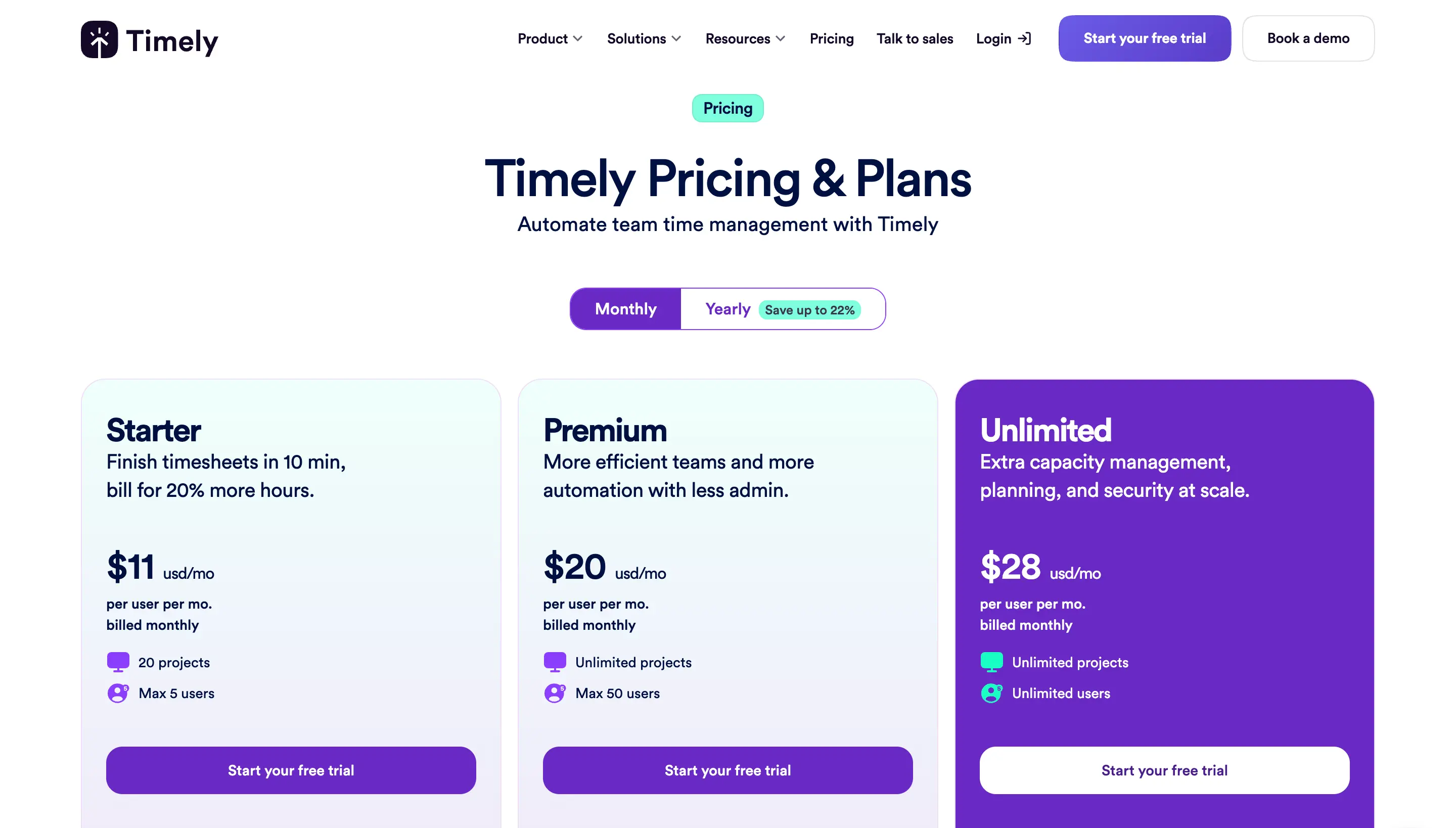 Timely pricing page showing Starter, Premium, and Unlimited per-user plans