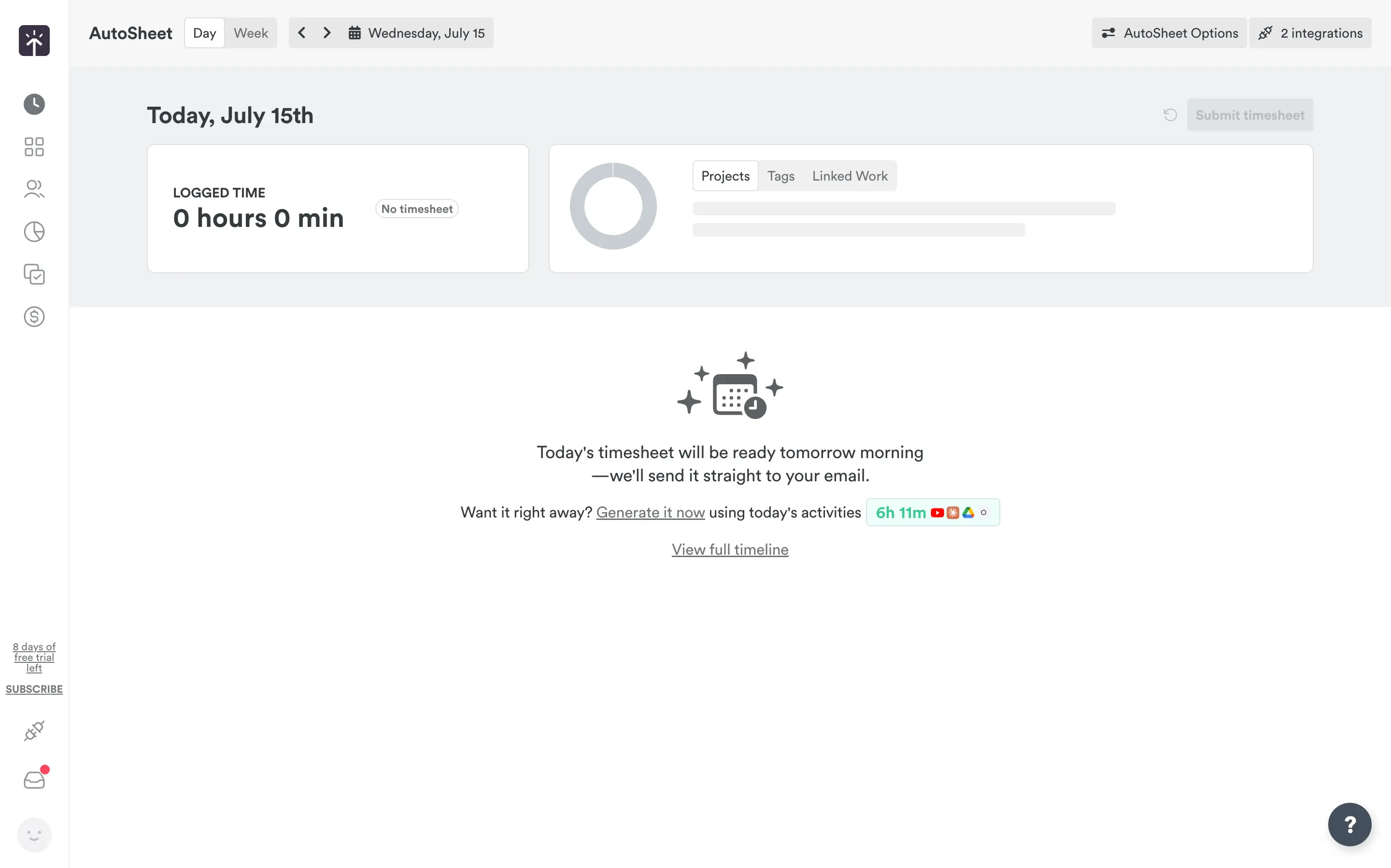 Timely's web app organized around a single day of logged activity